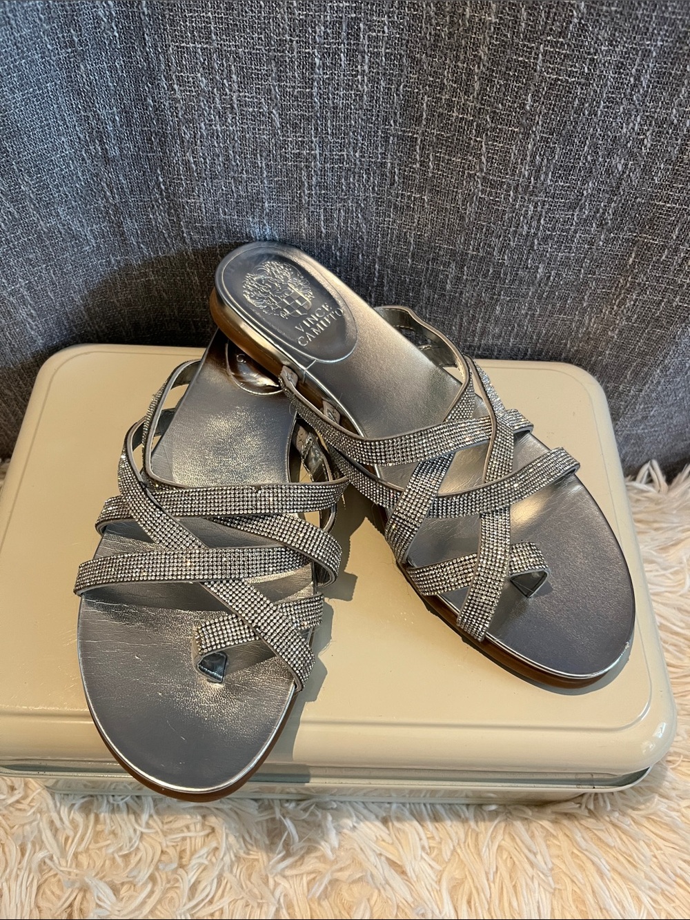 Vince Camuto Metallic Silver Crisscross Slide Sandals